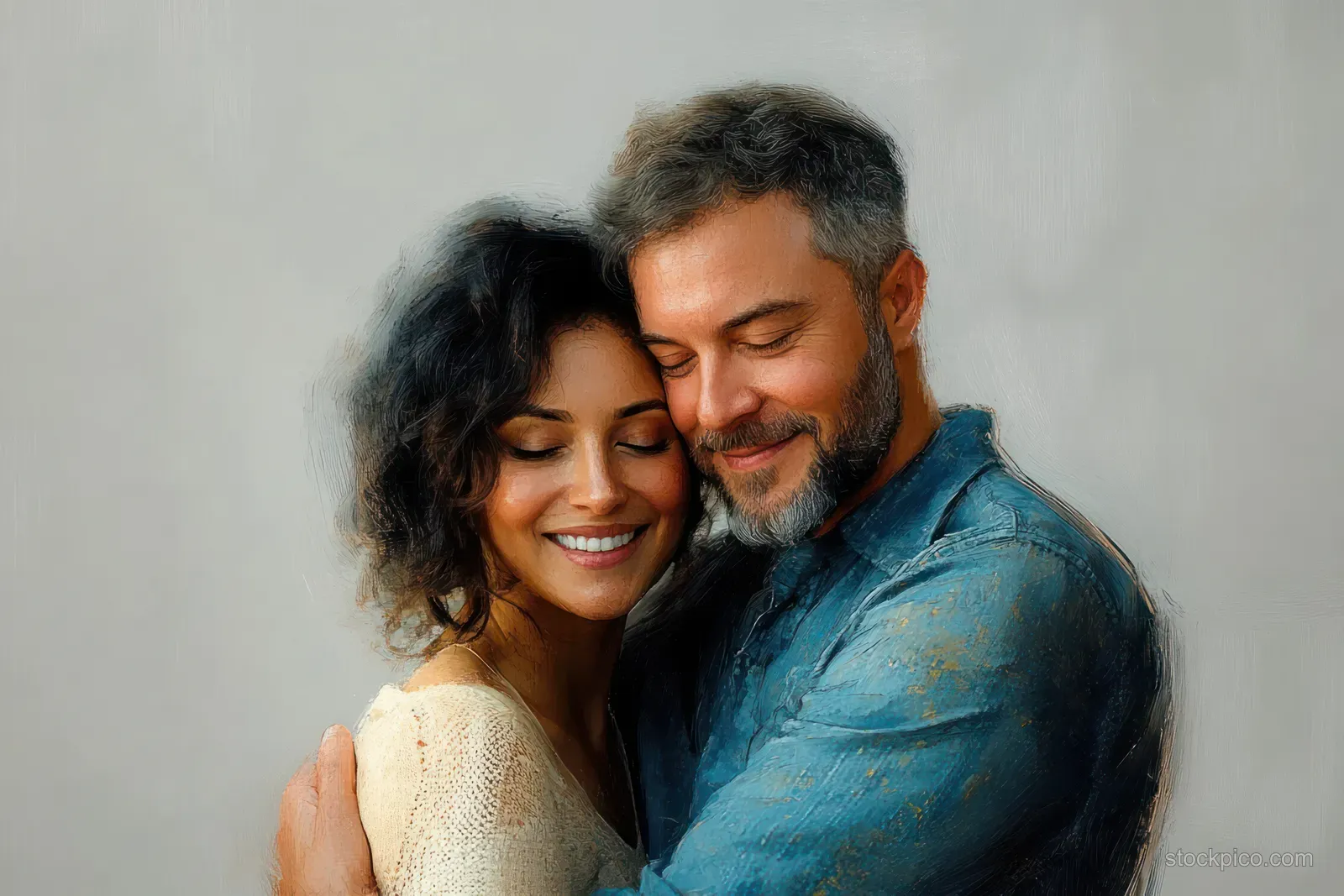 A middle aged couple embraces closely indoors, smiling with affectionate, relaxed faces.