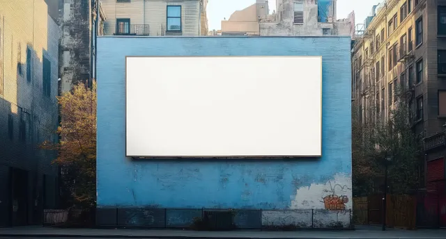 An empty white billboard mounted on a blue building wall in an urban street under daylight.