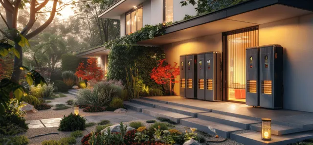 Solar battery storage cabinets mounted on a garage wall beside a lit pathway and garden at dusk.