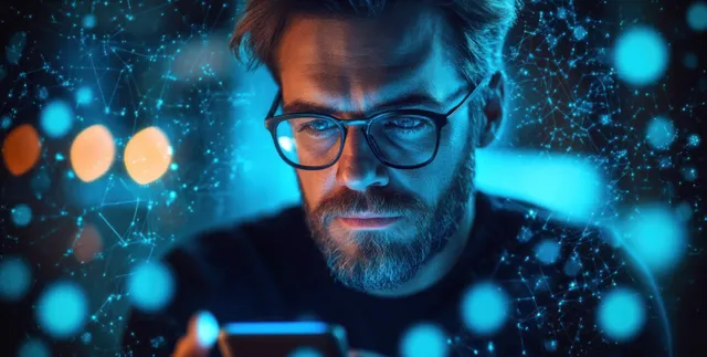 Focused man with glasses using smartphone amid glowing blue digital network connections