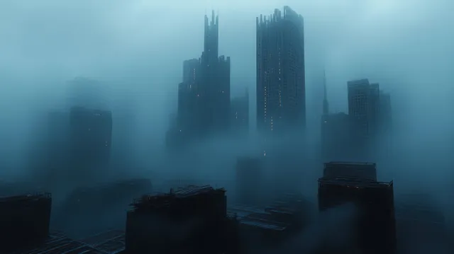Futuristic skyscrapers appear as silhouettes through dense fog beneath a dark blue sky.
