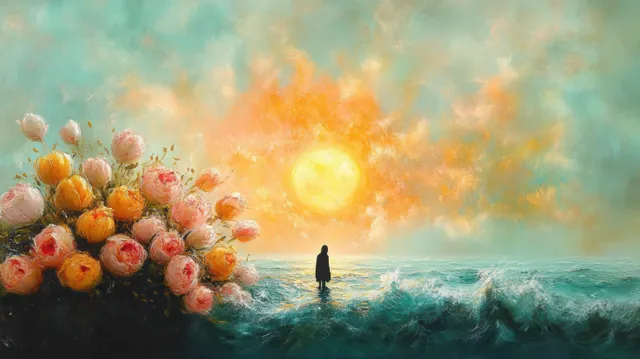 Silhouette standing on glowing ocean waves at sunrise with blooming roses in the foreground under colorful painterly clouds.