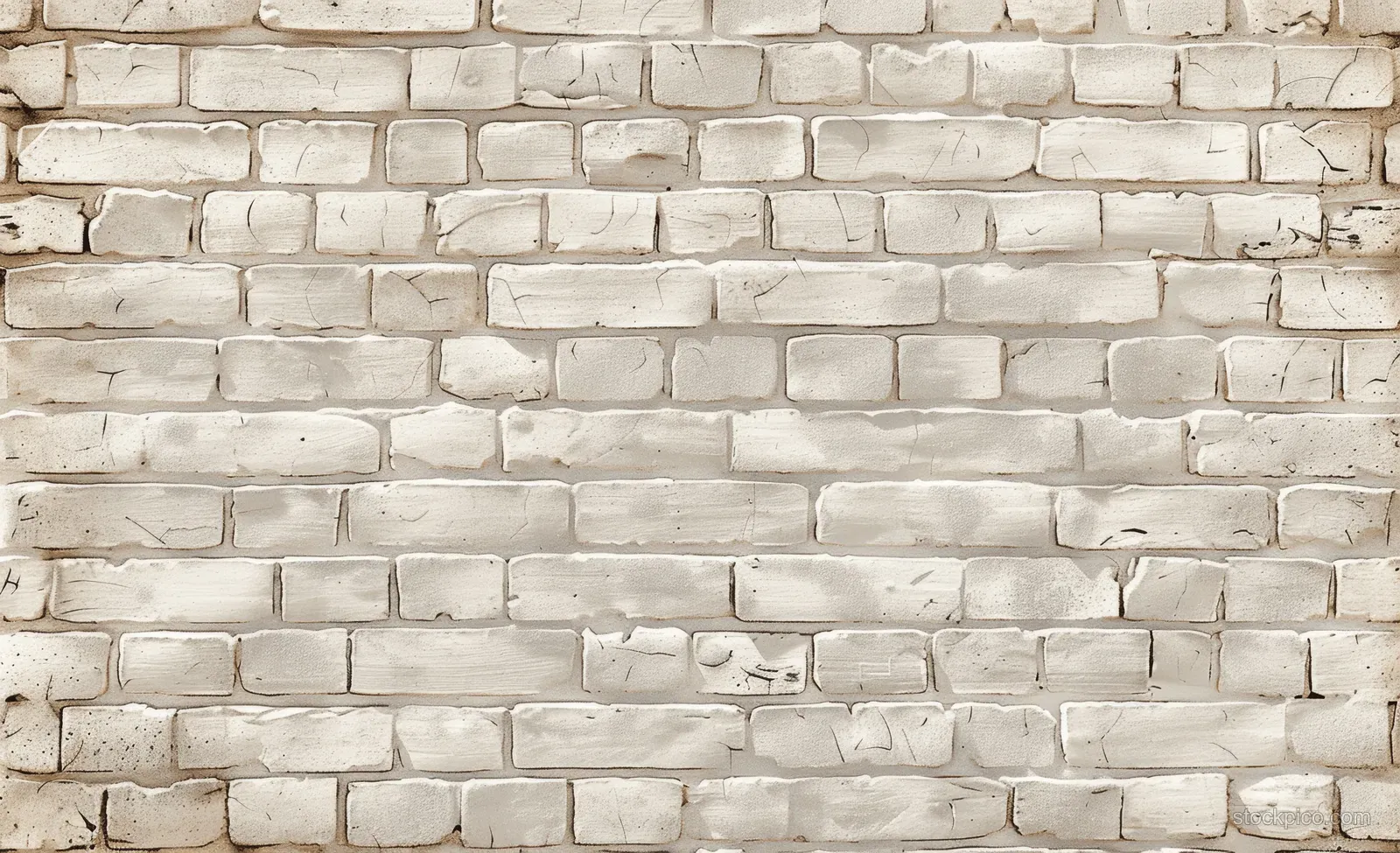 Close-up of a weathered white brick wall texture with visible mortar lines and worn plaster spots.