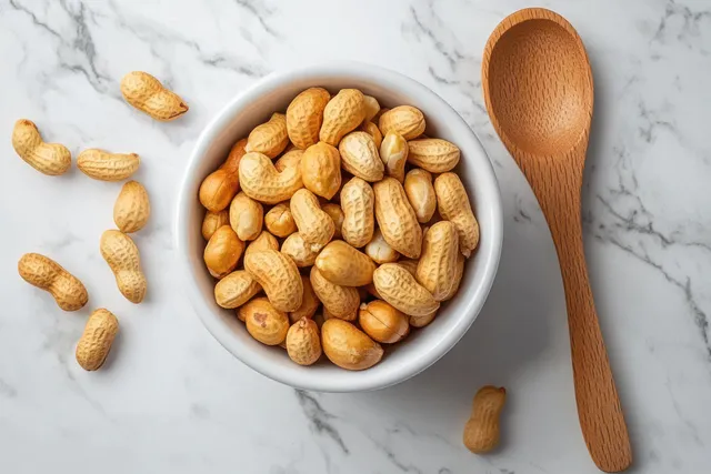 A white bowl of unshelled peanuts on marble beside a wooden spoon with scattered peanut shells.