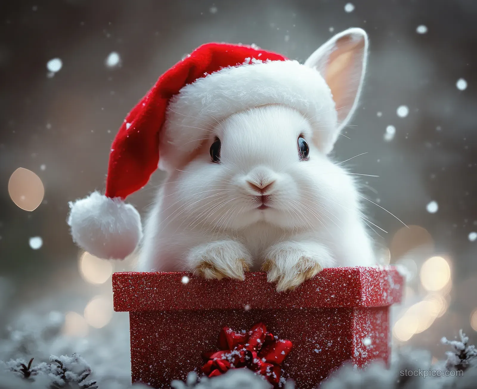 Fluffy white rabbit in a red Santa hat resting inside a glittery gift box with snowy bokeh lights.