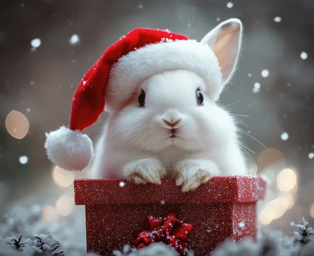Fluffy white rabbit wearing a Santa hat, resting in a glittering gift box with Shallow Depth Of Field