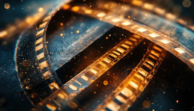 Vintage film strip close-up with dust particles, scratches, and warm projector light