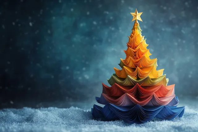 Layered paper Christmas tree with a gold star topper on snowy ground against a deep blue night background.