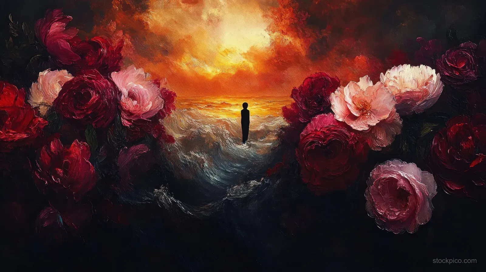 A lone silhouette stands in a stormy sea beneath a fiery sky, framed by red and pink roses.