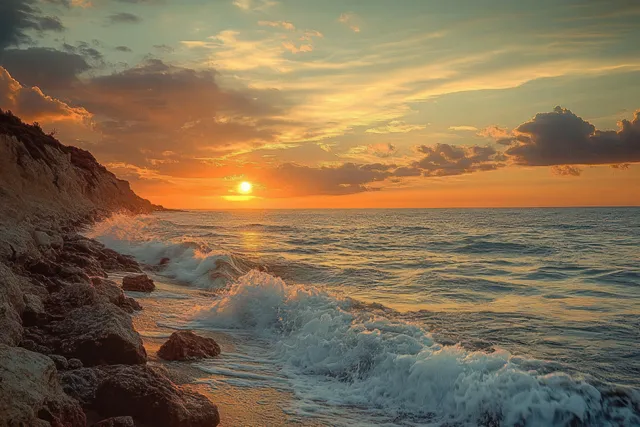 Sunset over rocky shoreline with crashing waves and glowing clouds near the horizon