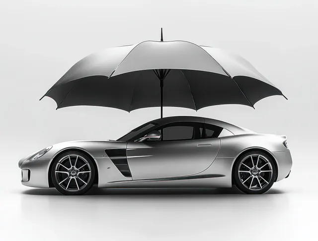 Silver car parked under an open umbrella against a plain gray studio background