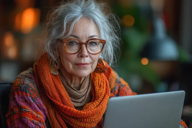 Cheerful senior woman with glasses using a laptop in a softly lit office