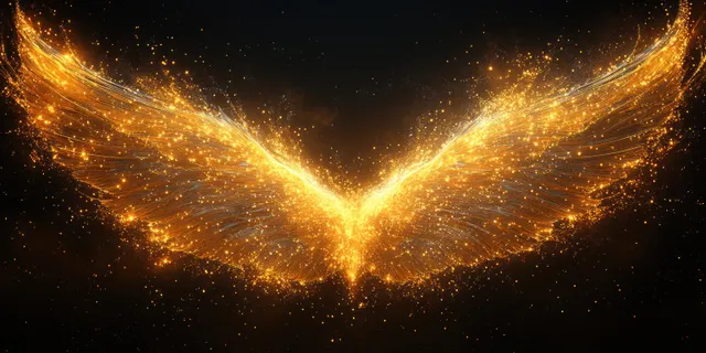 Golden particle wings shimmer against a dark black background with a soft glowing halo at the center.