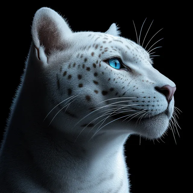 White leopard side profile with vivid blue eyes and detailed fur against black
