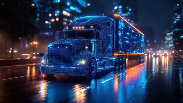 Neon blue wireframe truck with glowing LED lights drives fast down a wet night street between blurred buildings.