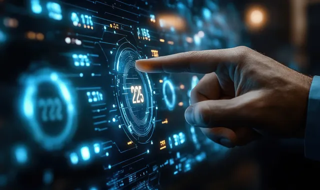 A hand touches a glowing blue digital touchscreen with floating numbers and circular data dashboards.