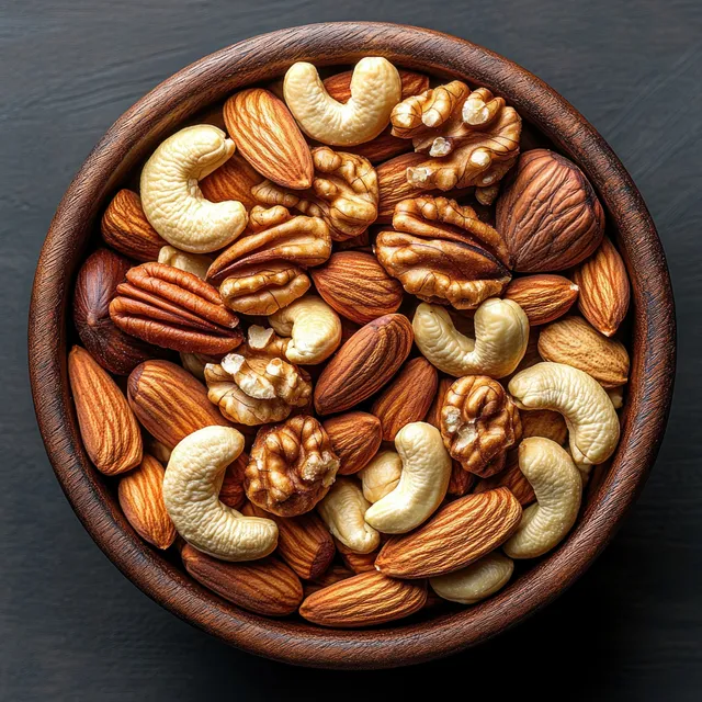 Assorted cashews, almonds, walnuts, and pecans fill a round wooden bowl on a dark textured background.