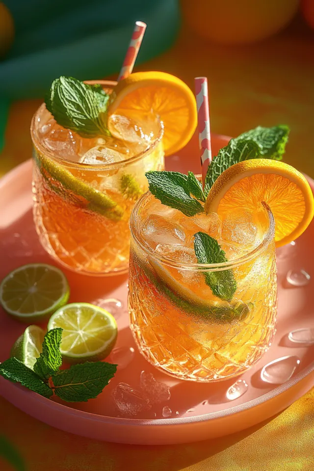 Two iced citrus cocktail glasses on a pink tray, garnished with mint leaves, orange slices, and straws.