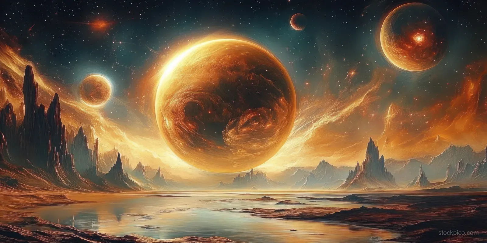 Surreal alien mountains under glowing planets in a fiery sky, with their light reflected on calm water.