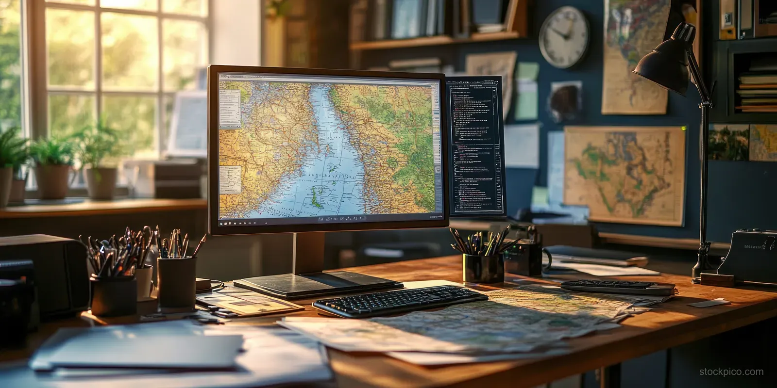 Wooden study desk with maps, stationery, and dual computer monitors showing geography and coding in warm window light.