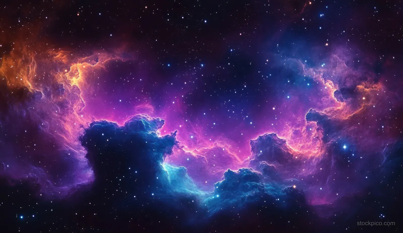 Swirling purple and blue nebula clouds glow with orange highlights across a dense background of twinkling stars.