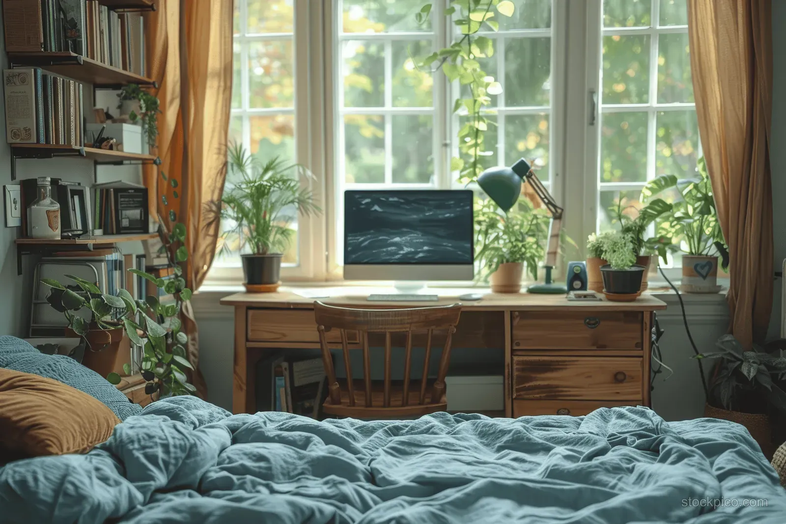 A minimalist bedroom with blue bedding, a wooden desk under a large window, a green lamp, and potted plants.