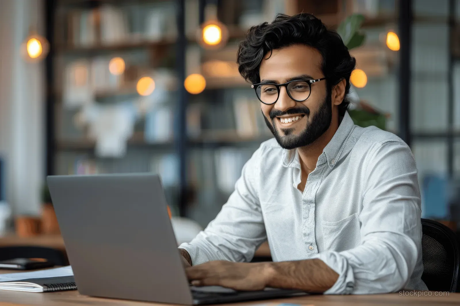 A young Indian man in glasses smiles while typing on a laptop at his office desk with blurred lights behind him.