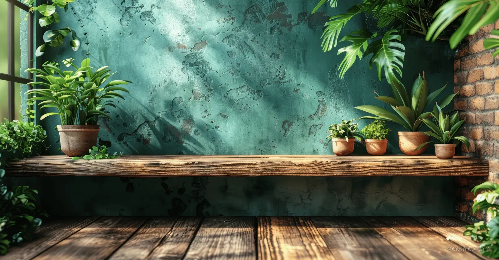 Wooden table against a green textured wall with several potted plants and fresh leaves at the corners.