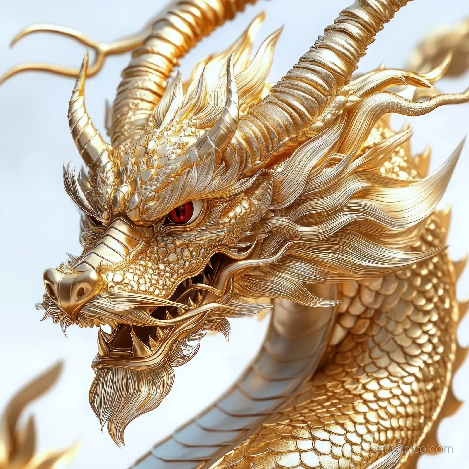 A golden dragon sculpture close-up with textured scales, curved horns, flowing mane, and glowing red eyes.