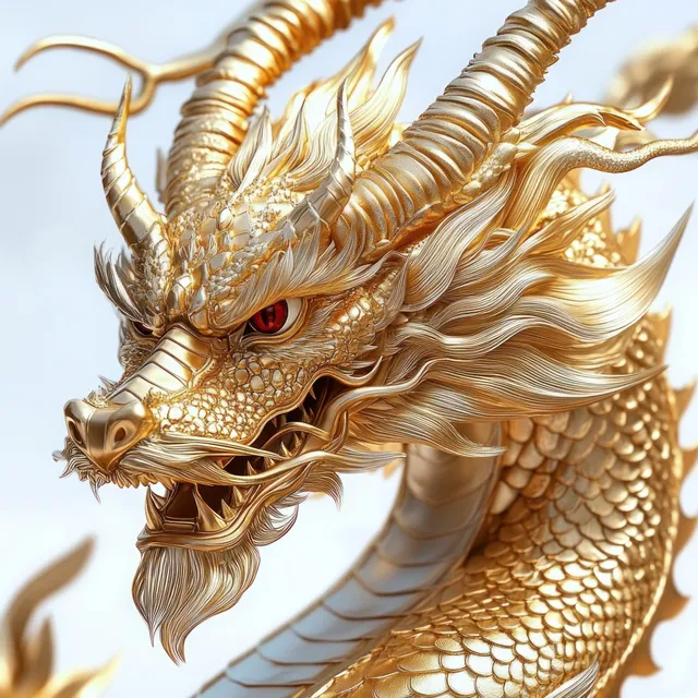 A golden dragon sculpture close-up with textured scales, curved horns, flowing mane, and glowing red eyes.