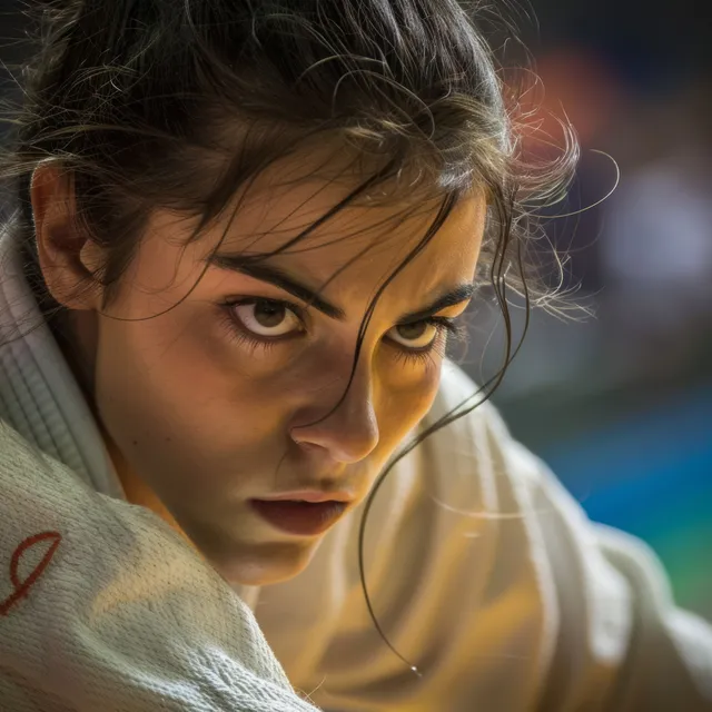 Italian female judoka grips opponent during intense mid-match judo throw, sweat and focus