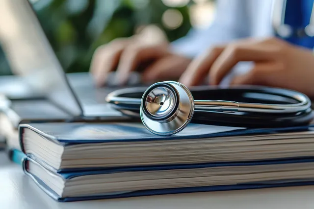Shiny stethoscope on thick medical books while hands type on a laptop with Shallow Depth Of Field