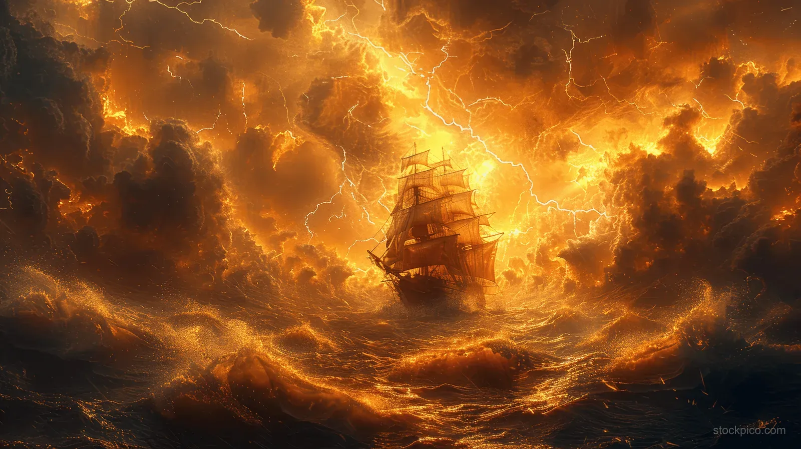A sailing ship rides rough waves beneath glowing orange storm clouds and lightning.