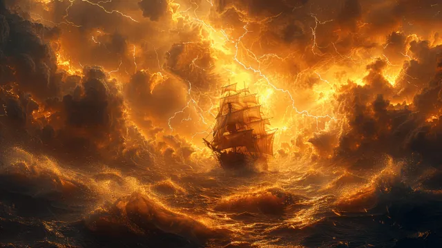Sailing ship battles stormy seas under glowing lightning clouds