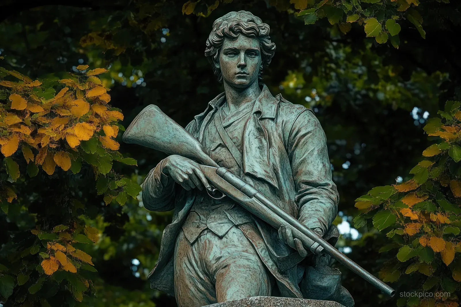 Bronze statue of a young man holding a long rifle, surrounded by green and yellow autumn leaves.