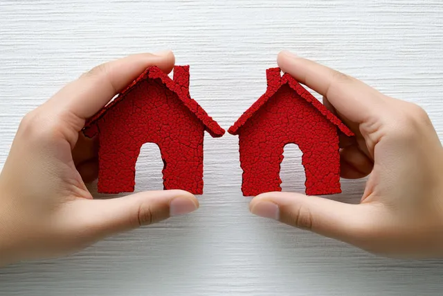 Two hands hold two separated red house models on a light surface, suggesting divorce and property division.