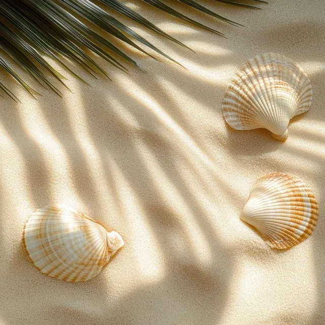 Three seashells on fine sandy beach with palm leaf shadows and sunlight textures.