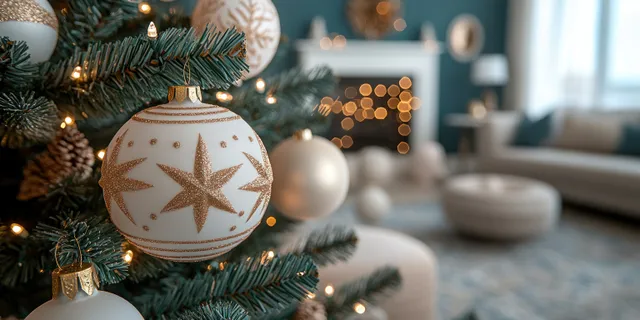 White and gold Christmas bauble hangs on decorated tree with snowy winter glow