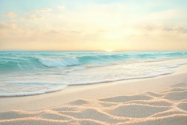 Soft waves roll onto a sandy shore under warm sunset light