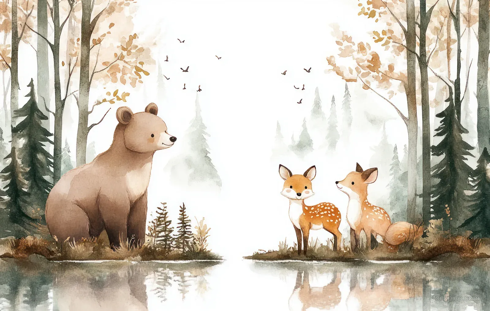Watercolor forest pond scene with a bear on the left and deer and foxes on the right, trees and mist behind them.