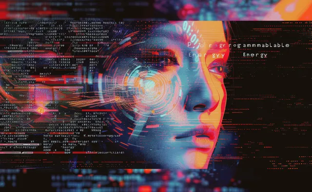 Glitch cyberpunk female face portrait with binary code halos and neon data streams