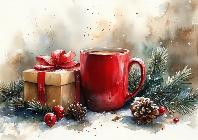 Red holiday mug with pine branches beside wrapped gift box and ornaments in watercolor