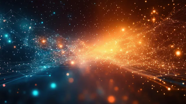 Orange and blue glowing particles are connected by thin lines across a dark digital network space.