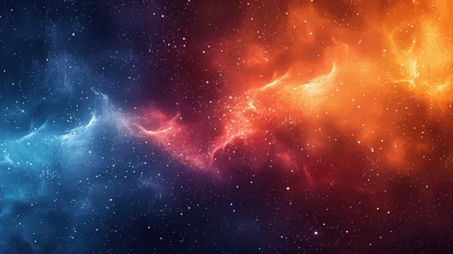 Swirling cosmic nebula clouds in red-orange and blue with scattered glowing stars on a dark space background.