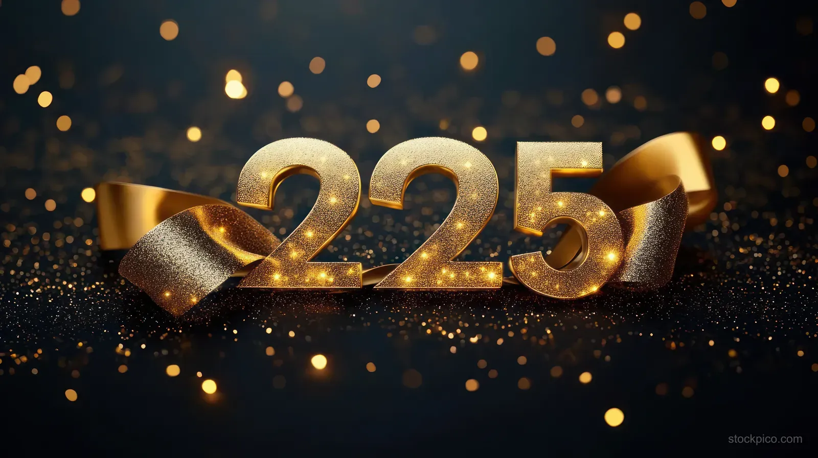 Golden 2025 numerals glow with warm bokeh lights and golden confetti particles in the background.