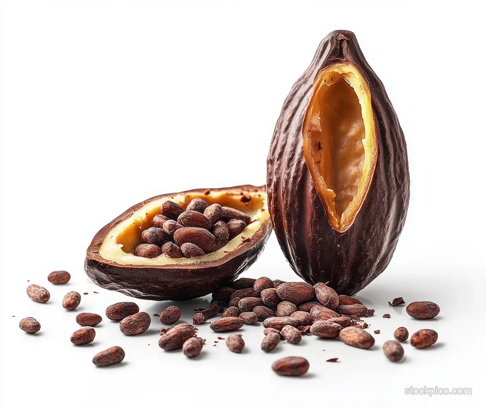 Whole and split cacao pods with cacao beans spilling out on a white background.