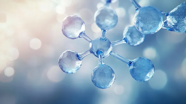 Blue atoms connected by glowing molecular bonds float over a liquid-crystal blue background with soft bokeh light.