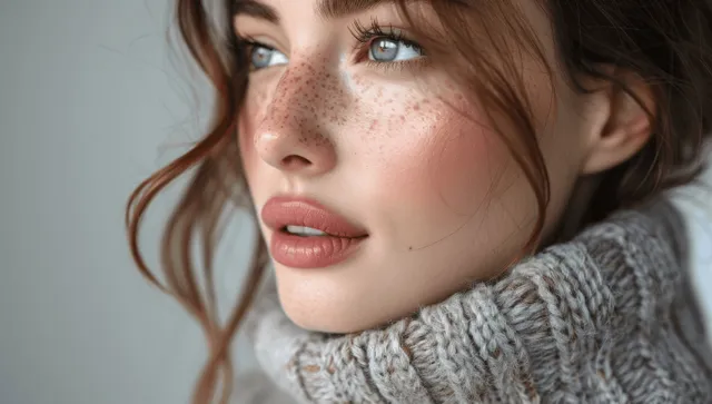 Woman’s close-up side profile portrait in a gray knit sweater with soft studio lighting on a light background.