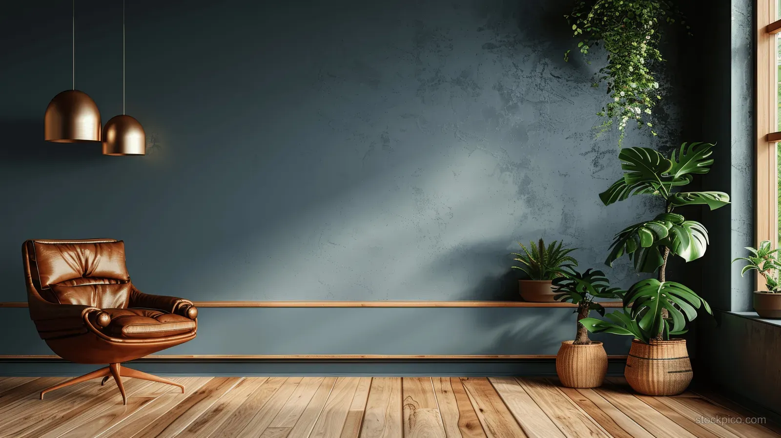 Brown leather armchair sits on wooden floor beside a bright window with potted plants against a dark wall.