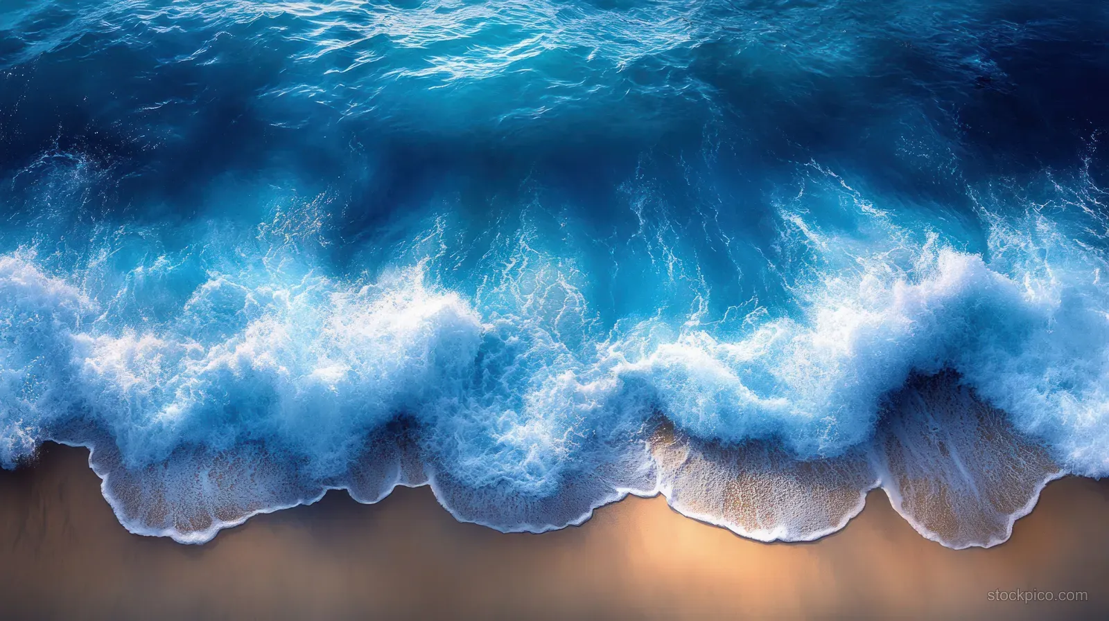 Aerial ocean view with waves breaking on the shore, revealing blue water and white foamy surf.